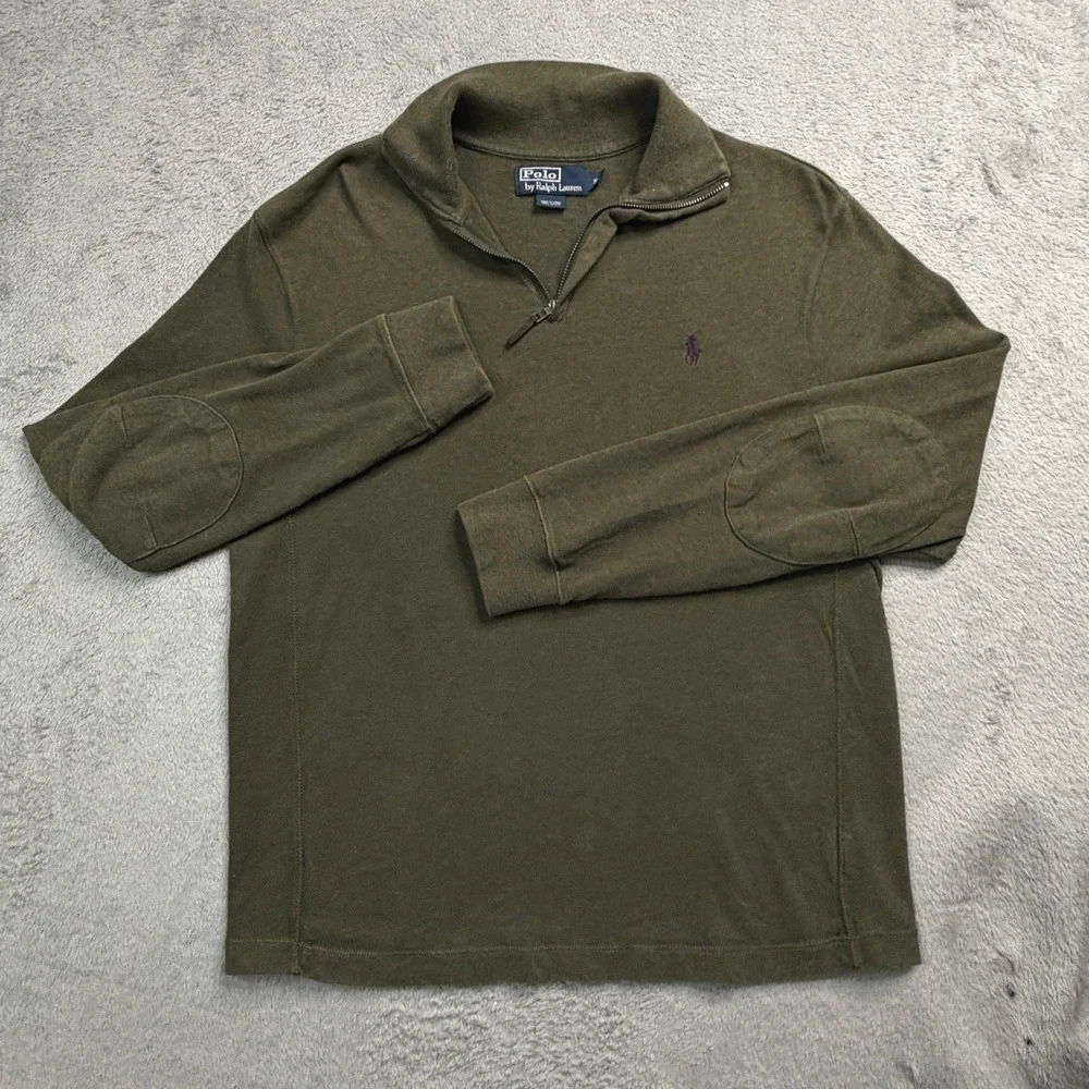 Polo Ralph Lauren Mens Small Olive Green Quarter Zip Pullover Elbow Patches